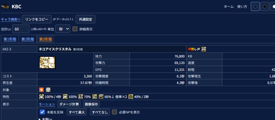 ネコアイスクリスタルとネゴエモンを赤い敵の条件で比べたチャートと数値表。